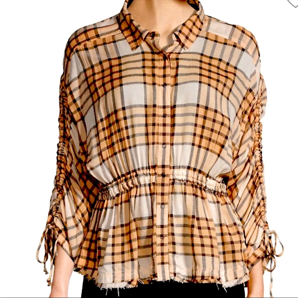 FREE PEOPLE WE THE FREE PLAID SHIRT - ruched, plaid print, raw hem, button down